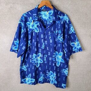 PACIFIC & CO Shirt Mens XL Blue Hawaiian Hibiscus Letter Print Button Up